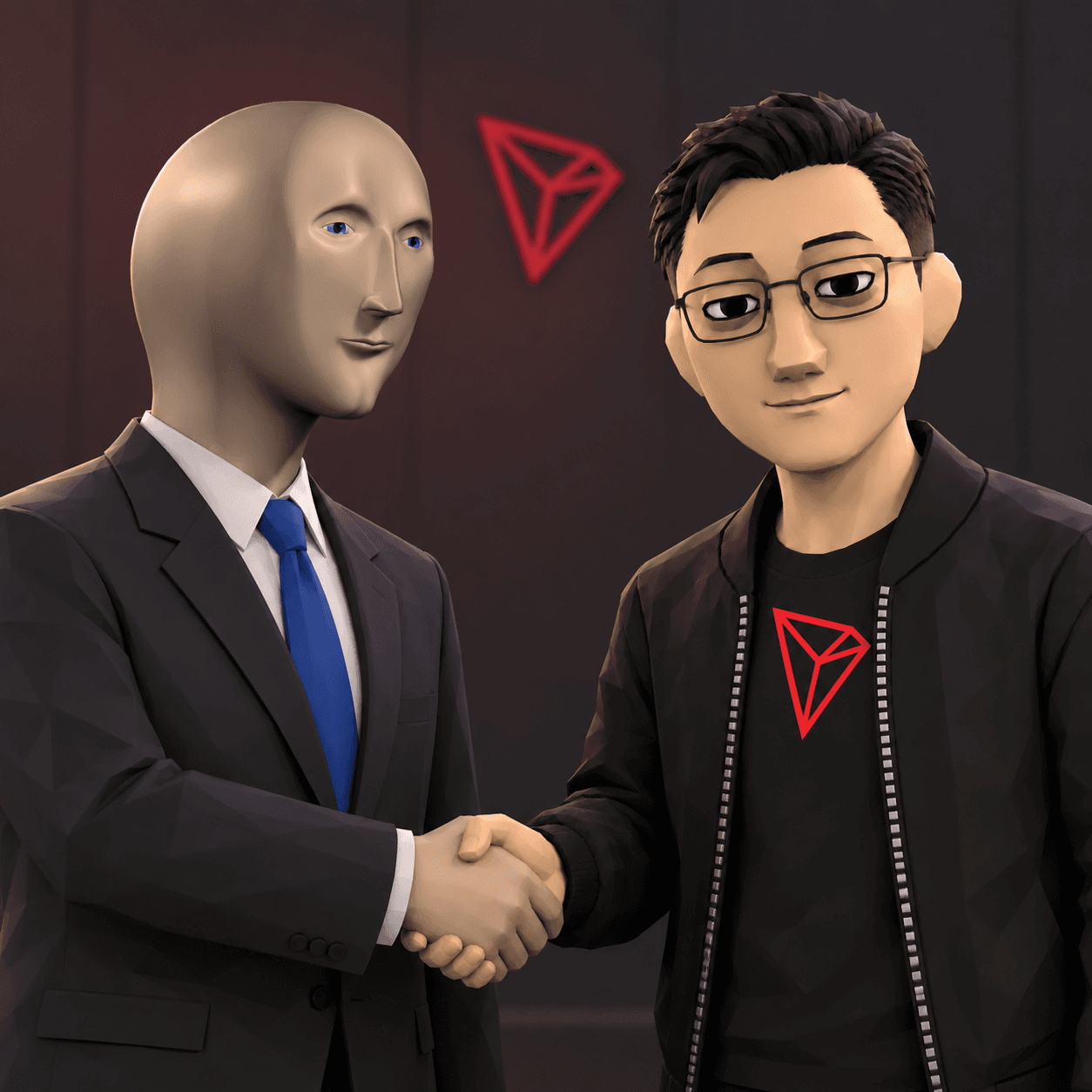 Meme Man, the bald 'stonks' character in a dark suit and blue tie, shaking hands with a smiling low-poly Justin avatar wearing glasses and a TRON-logo shirt, in front of a dark red wall with the TRON logo.
