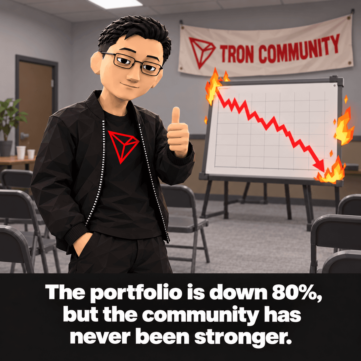 The Justin avatar giving a thumbs up in an empty meeting room under a 'TRON Community' banner, next to a whiteboard with a burning chart crashing downward. Caption: The portfolio is down 80%, but the community has never been stronger.