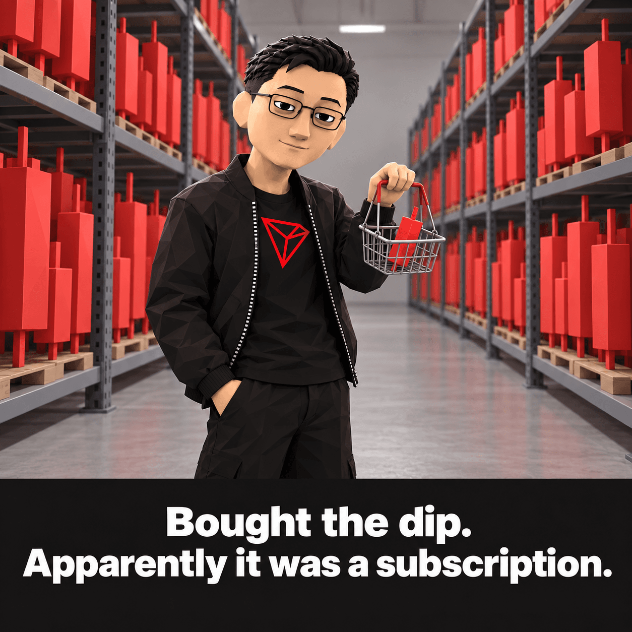 The Justin avatar in a warehouse aisle stacked floor to ceiling with red candlesticks, holding a shopping basket with one more red candle. Caption: Bought the dip. Apparently it was a subscription.