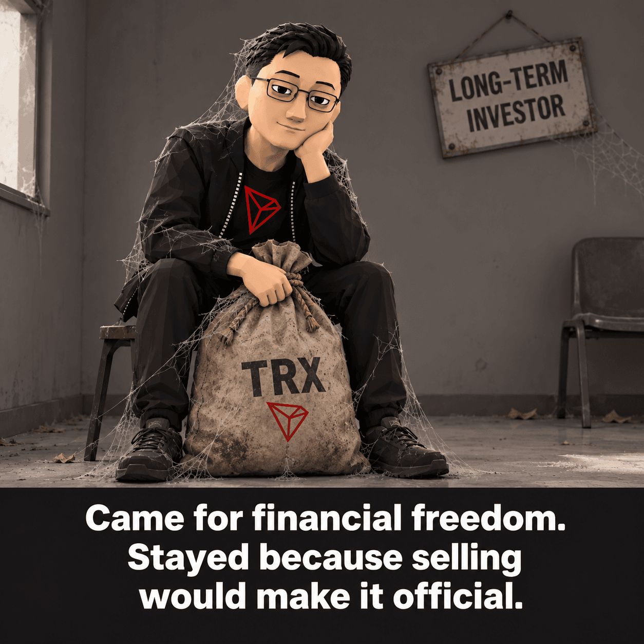 The Justin avatar sitting in a dusty room covered in cobwebs, clutching a sack labeled TRX under a sign reading 'Long-term investor'. Caption: Came for financial freedom. Stayed because selling would make it official.